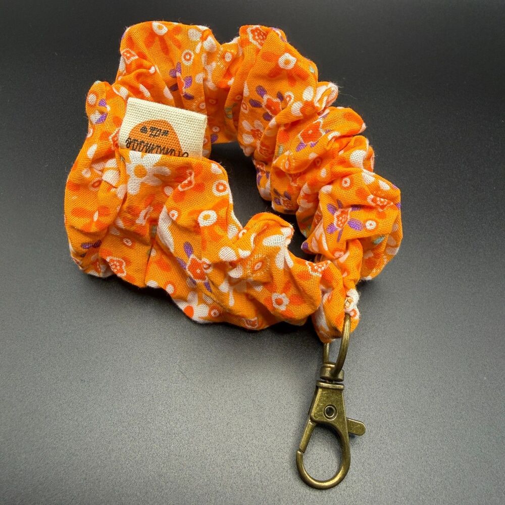 Orange Floral Scrunchie Keyring | Wristlet Keychain Holder | Cute Gift for Her